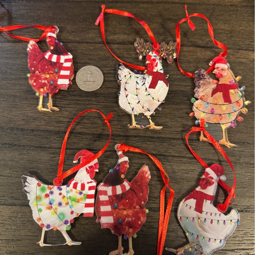 Festive Chicken Ornaments with Red Accents 6 total - Picture 2 of 2